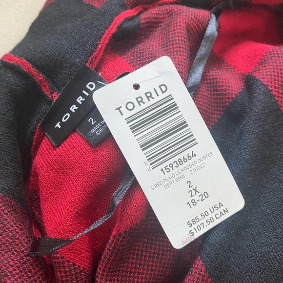 Torrid NWOT Hooded Cardigan Plaid Red Size 2X Buffalo Plaid Longline Pockets - Picture 6 of 8